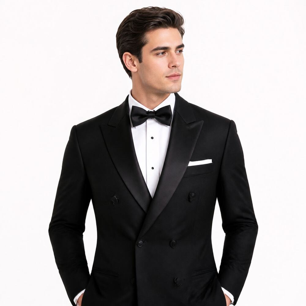 Tuxedo Club Black Double‑Breasted Tuxedo Suit Set w/ Bow Tie & Cummerbund | 34S
